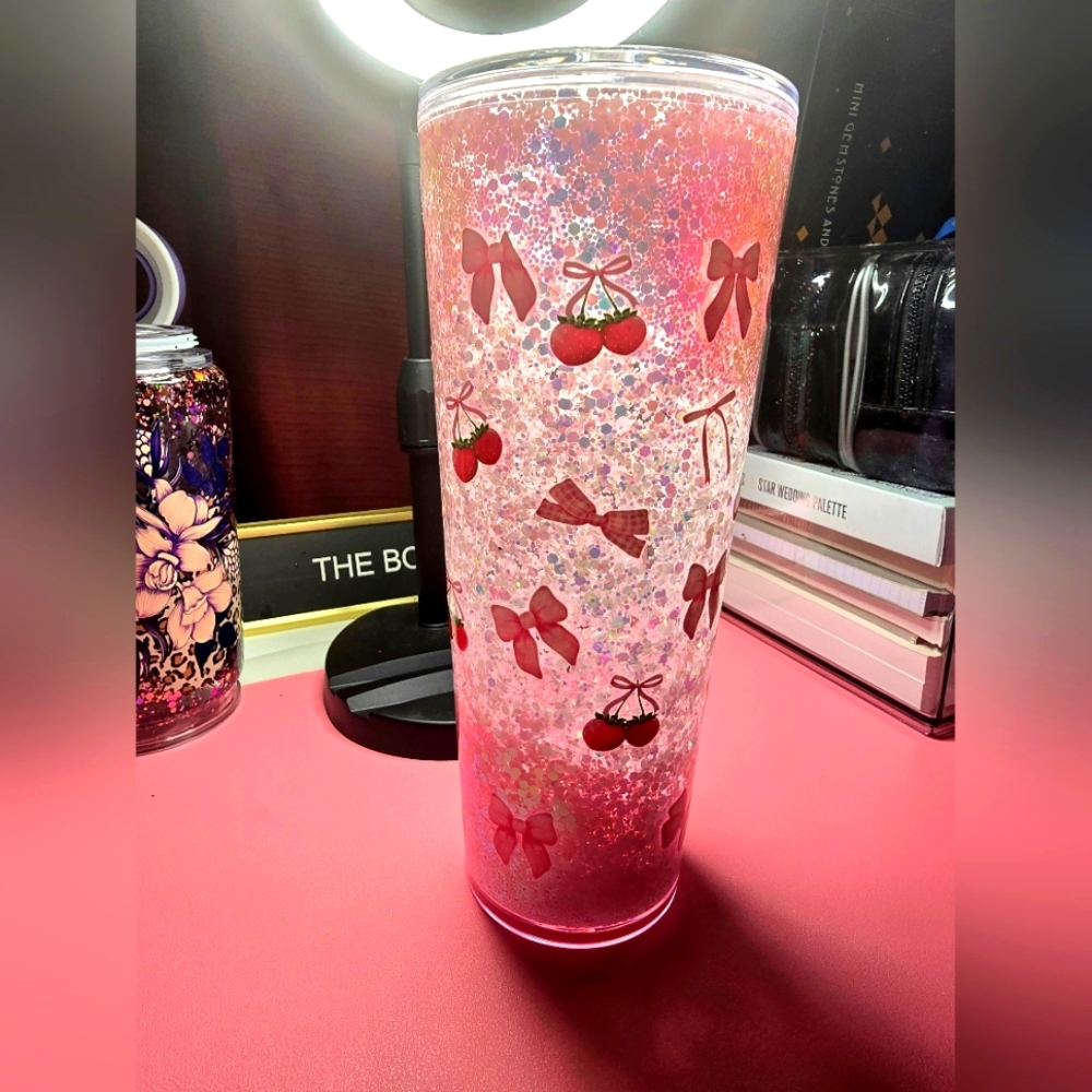 24 oz Pink Glitter Tumbler with Cherry and Bow Design